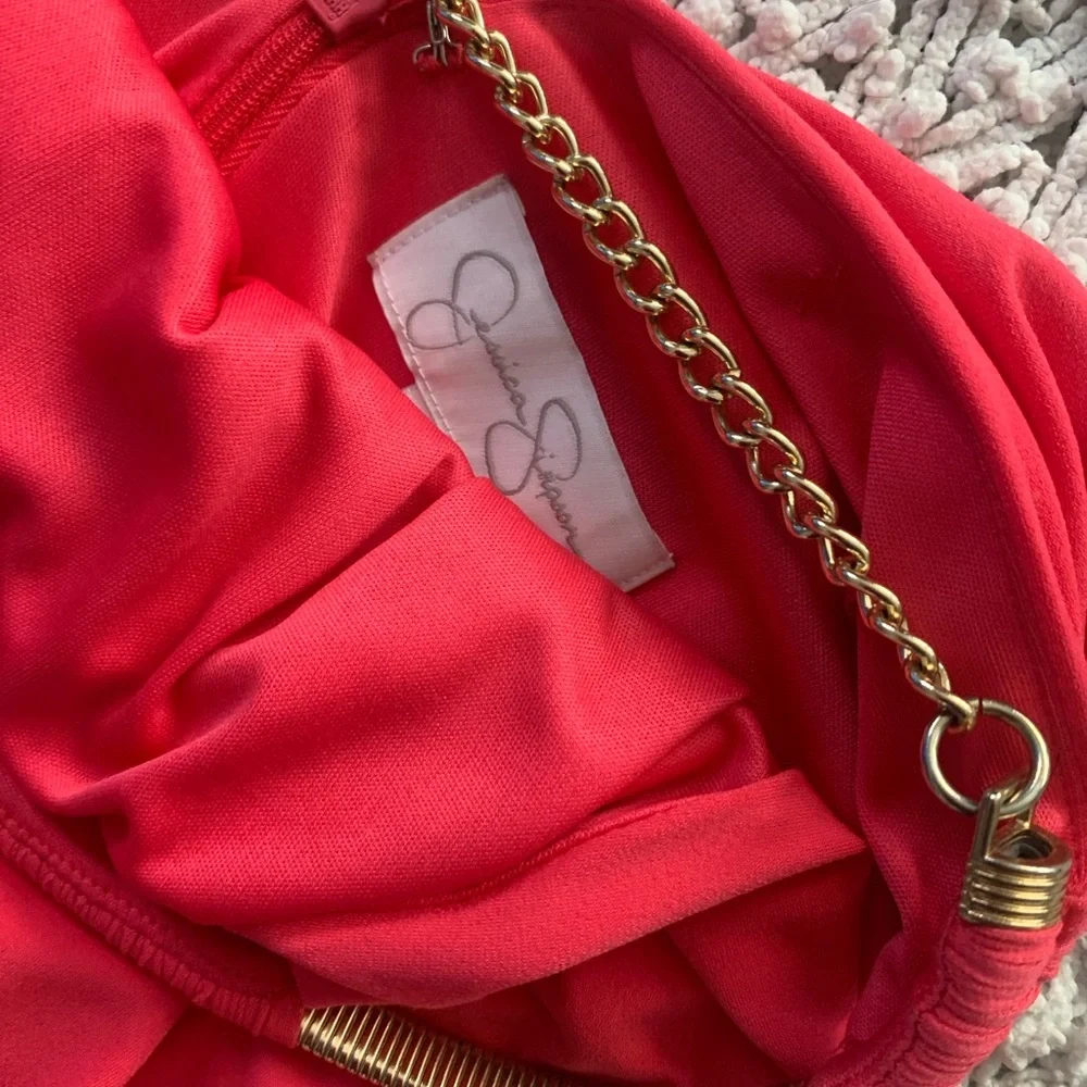 Jessica Simpson Coral Halter Top with Gold Chain Accent